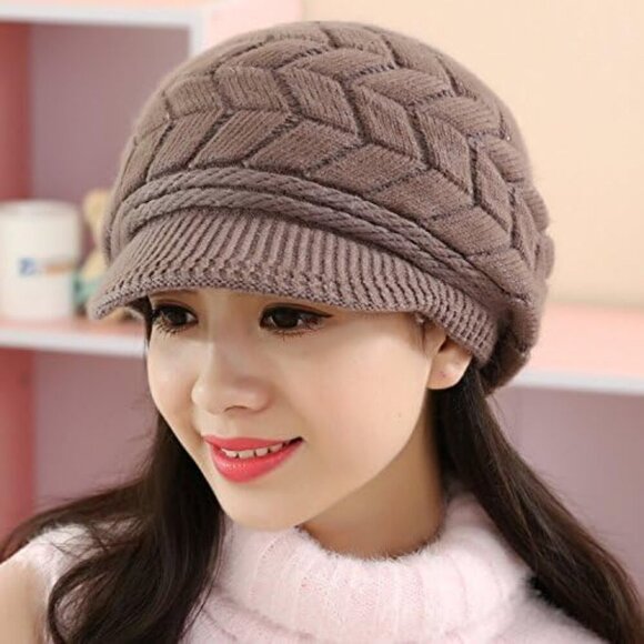 〽️Women’s Coffe Winter Warm Knit Wool Snow Ski Hat with Visor main image 3